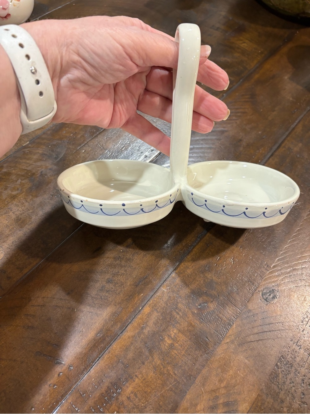 Double Ceramic Condiment Server with Blue Scallop Accent - Unbranded